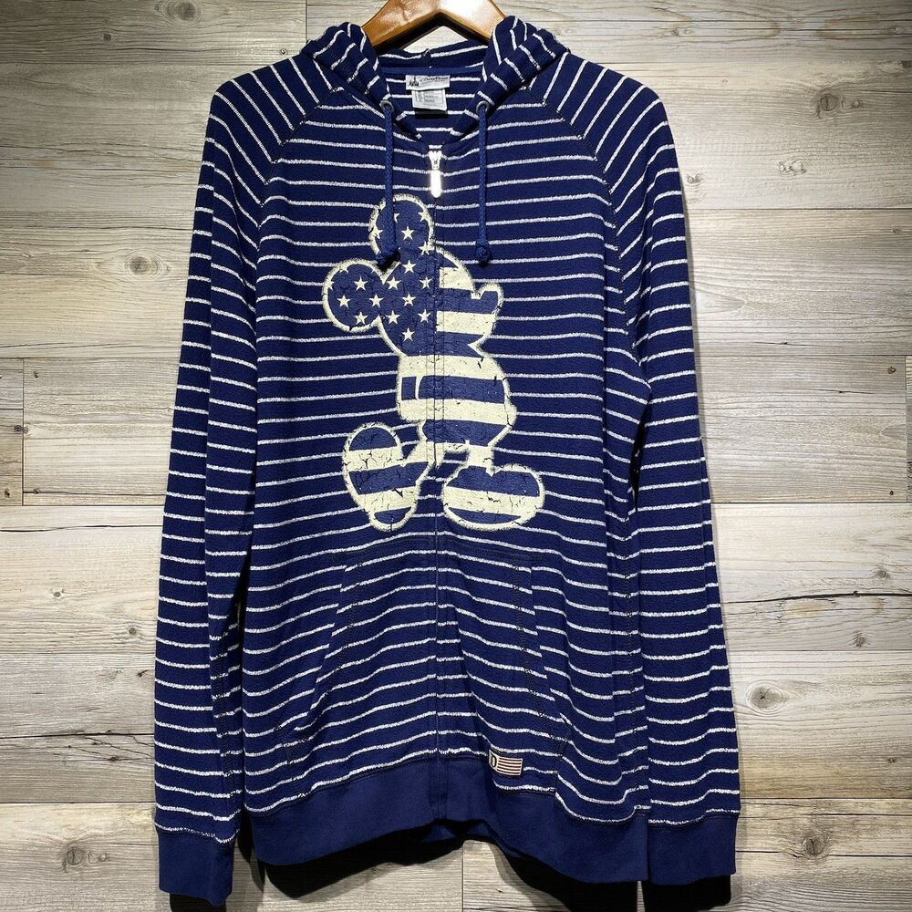Disney Parks Full Zip Terry Hoodie Men’s Large Striped USA Flag Mickey Mouse